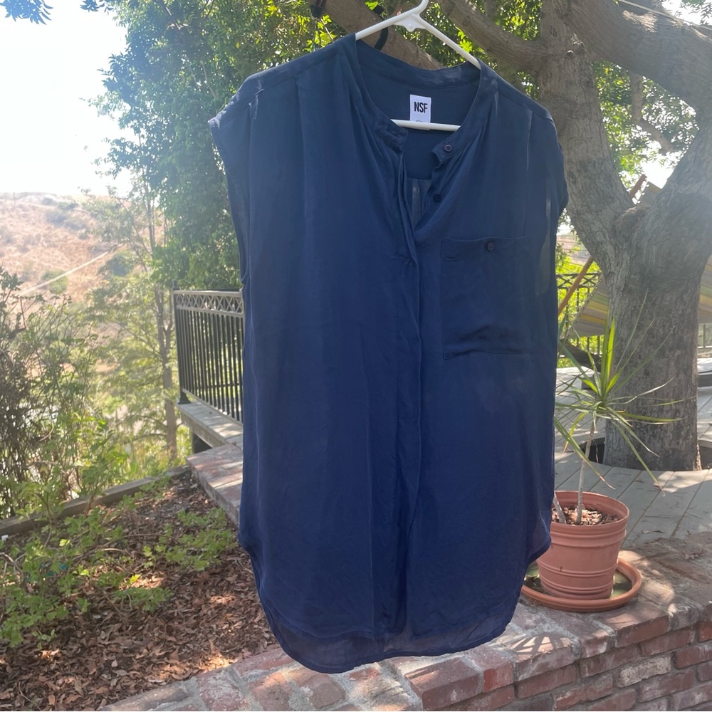 NSF silk sleeveless button down top.  Navy size Small